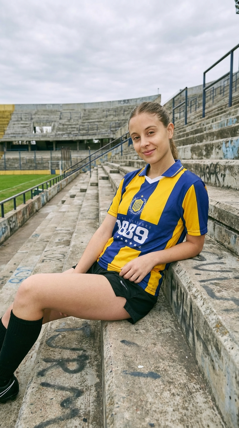 Usuario sentado en tribuna con camiseta Rosario Central