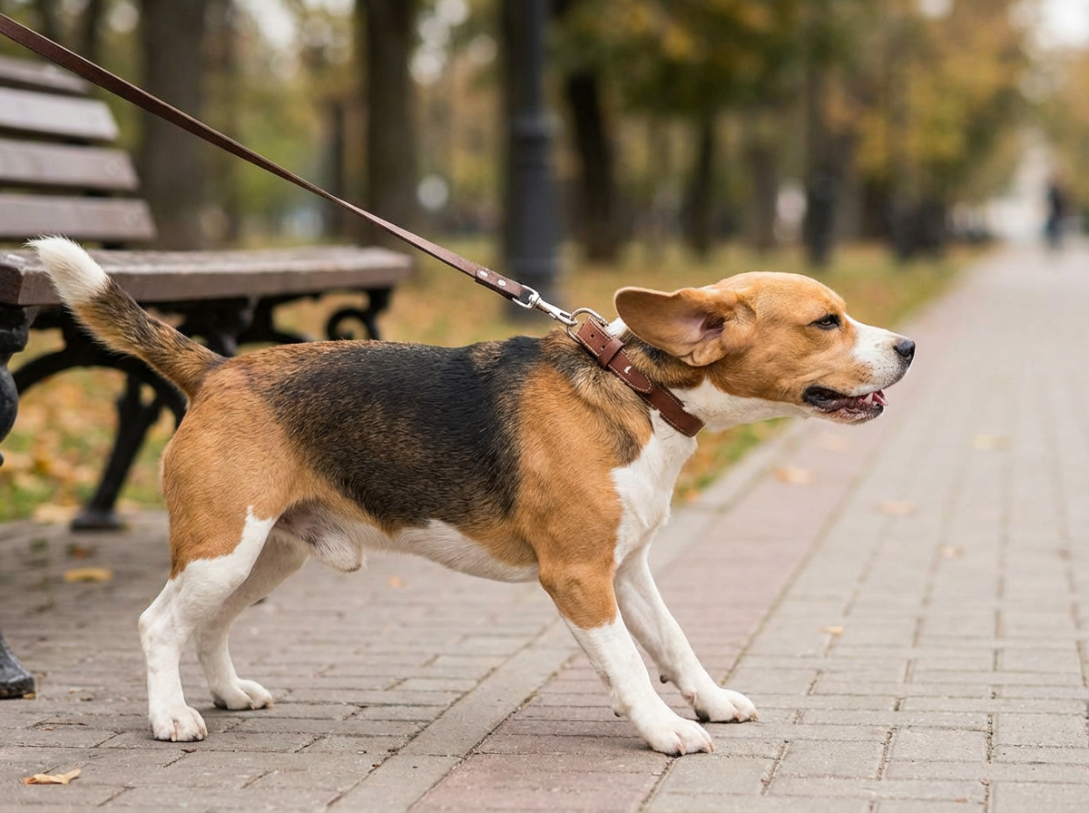 Perro con collar tradicional tironeando